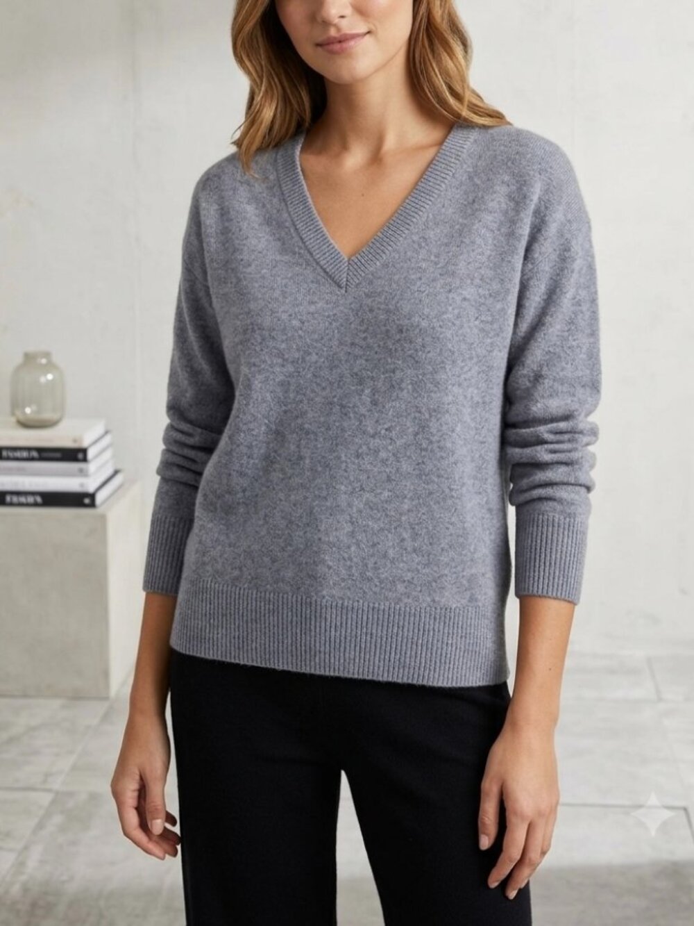 Rachel Zoe 100% 2-Ply Cashmere Blue V-Neck Sweater Medium Preppy Quiet Luxury